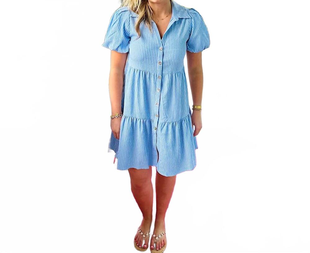 NEW APNY tiered puff sleeve dress in blue/white